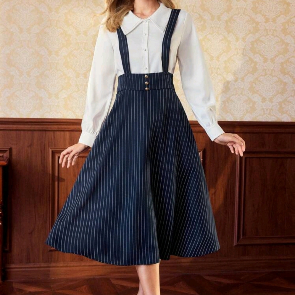 Retro Classic Elegant Women's Loose Overall Dress, Navy Blue Striped,Metal Butto - Picture 4 of 4